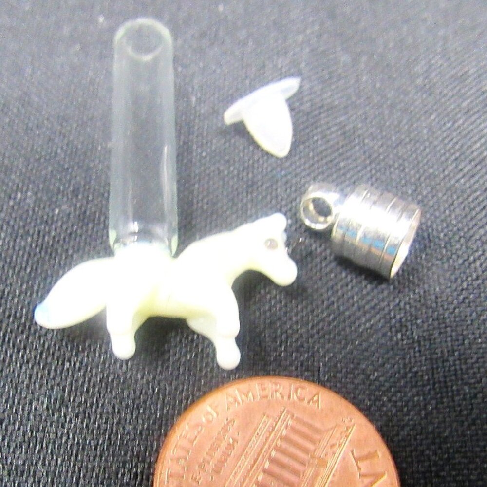 White Unicorn Glass Vial 1" Bottle Charm Cremation Ashes Pendant Rice